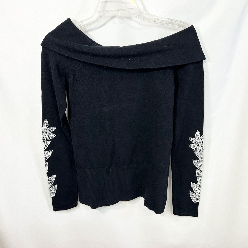 Cache Medium Top Black Silk Blend Off The Shoulder Beaded VTG Y2K Monochrome 584